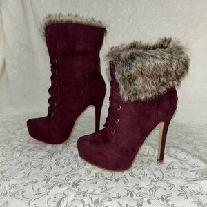 Just Fab Platform Spike Heel Faux Fur/Suede Ankle Boot size 8 Burgundy Wine
